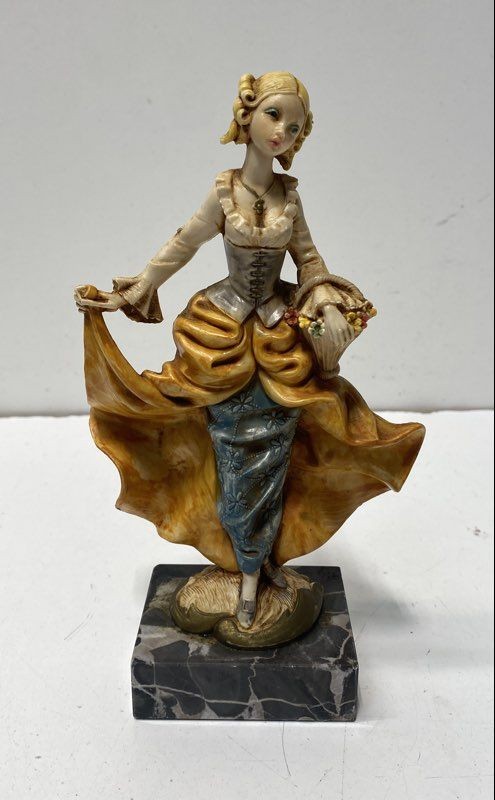 Vintage Italian Figurine Woman With Flower Basket Genuine Carrara Marble Base