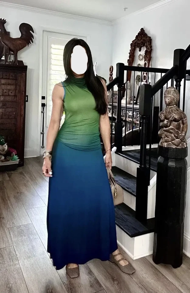 SIMKHAI Aldina Jersey Stretch Maxi Dress Blue Green Ombre, Size S Retails $645 - Image 3 of 4