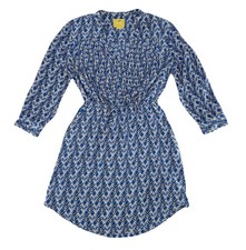 Anthropologie Maeve Blue White 3/4 Sleeve Roll Tab Dress Pleated Sz XS Pockets