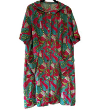 Vintage Barkcloth House Dress THC Hawaiian Textile Button Up MuuMuu Robe Paisley