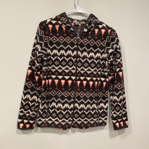 Old Navy Fleece Jacket Girls Size XL Aztec Print Full Zip Pockets Gray Pink Hood - Picture 3 of 11