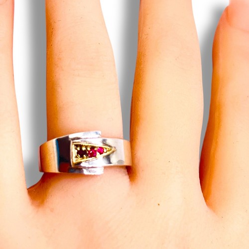Red Ruby Sterling Silver Two Tone Modernist Handmade Artisan Band Ring SZ 7.75 - Picture 10 of 14