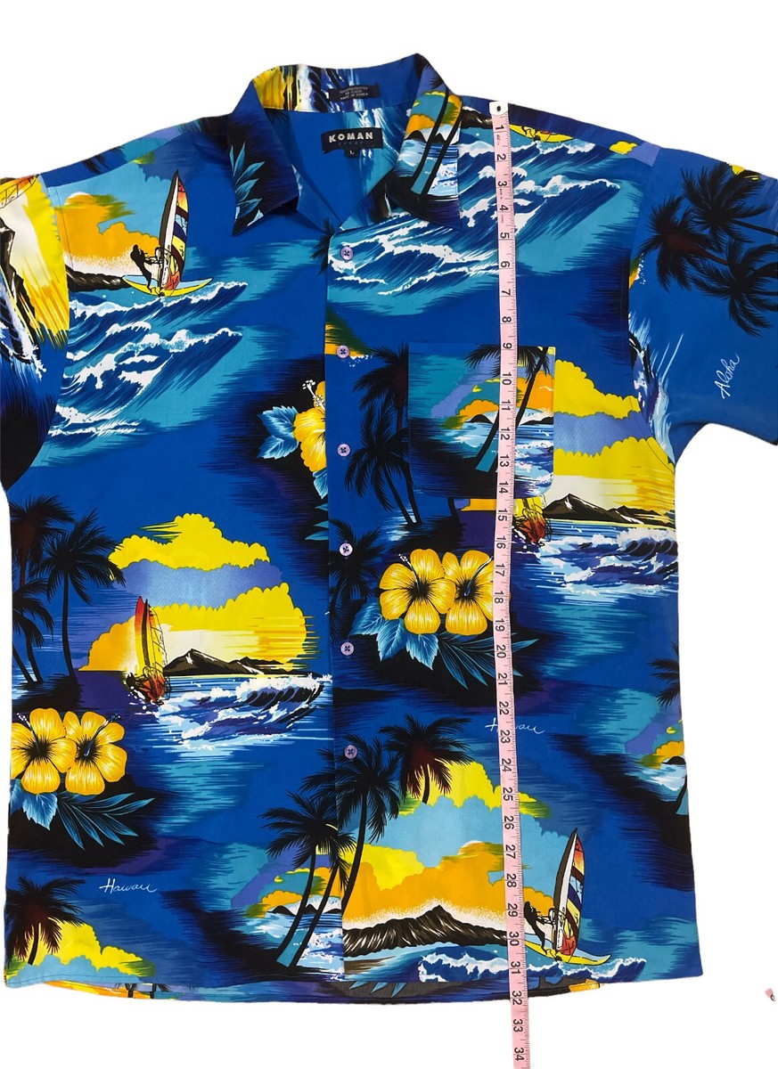 Mens Hawaiian Shirt L Koman Pocket Blue Ocean Work Play