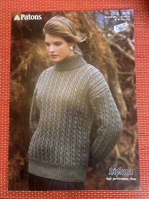 Aran DAMENPULLOVER MIT ZOPFMUSTER 32 -40  VINTAGE STRICKMUSTER PATONS DIPLOM 3576