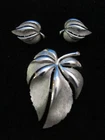 Vintage Trifari Jewelry Suite/Set:  Brush Silver Leaf Brooch & Clip-On Earrings