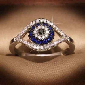 Authentic 0.80Ct Round Cut Natural Sapphire Evil Eye Wedding Band 14K White Gold Plated