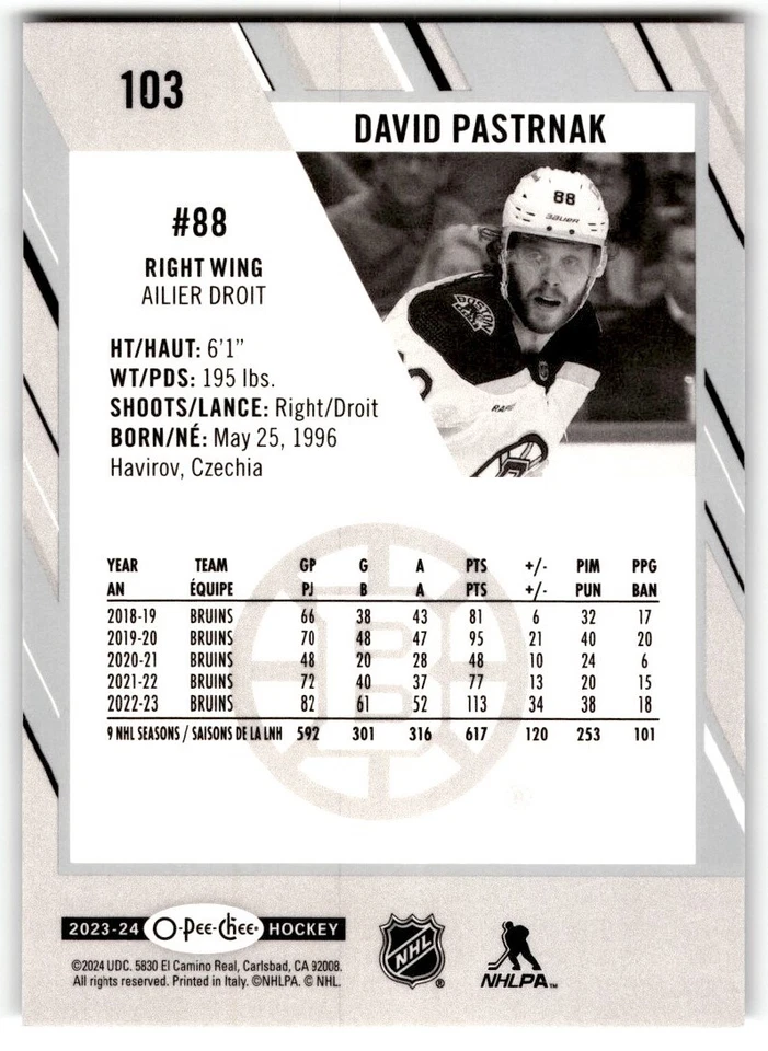David Pastrnak 2023-24 O-Pee-Chee #103 Boston Bruins - Image 2 of 2