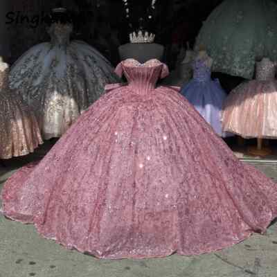 Pink Sweetheart Quinceanera Dresses Ball Gown Beaded Off Shoulder Lace Sweet 15