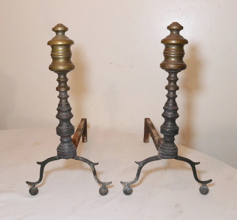 pair 18th century turned peened brass wrought iron Georgian andirons 1700's  - Image 2 of 4
