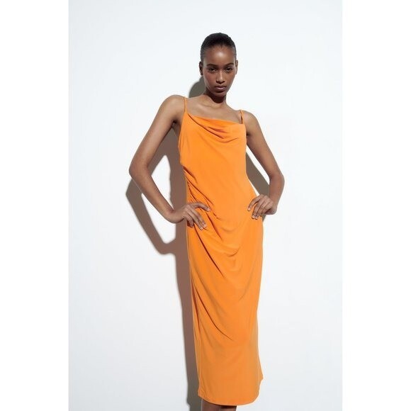 Zara cowl neck orange midi dress size L | eBay