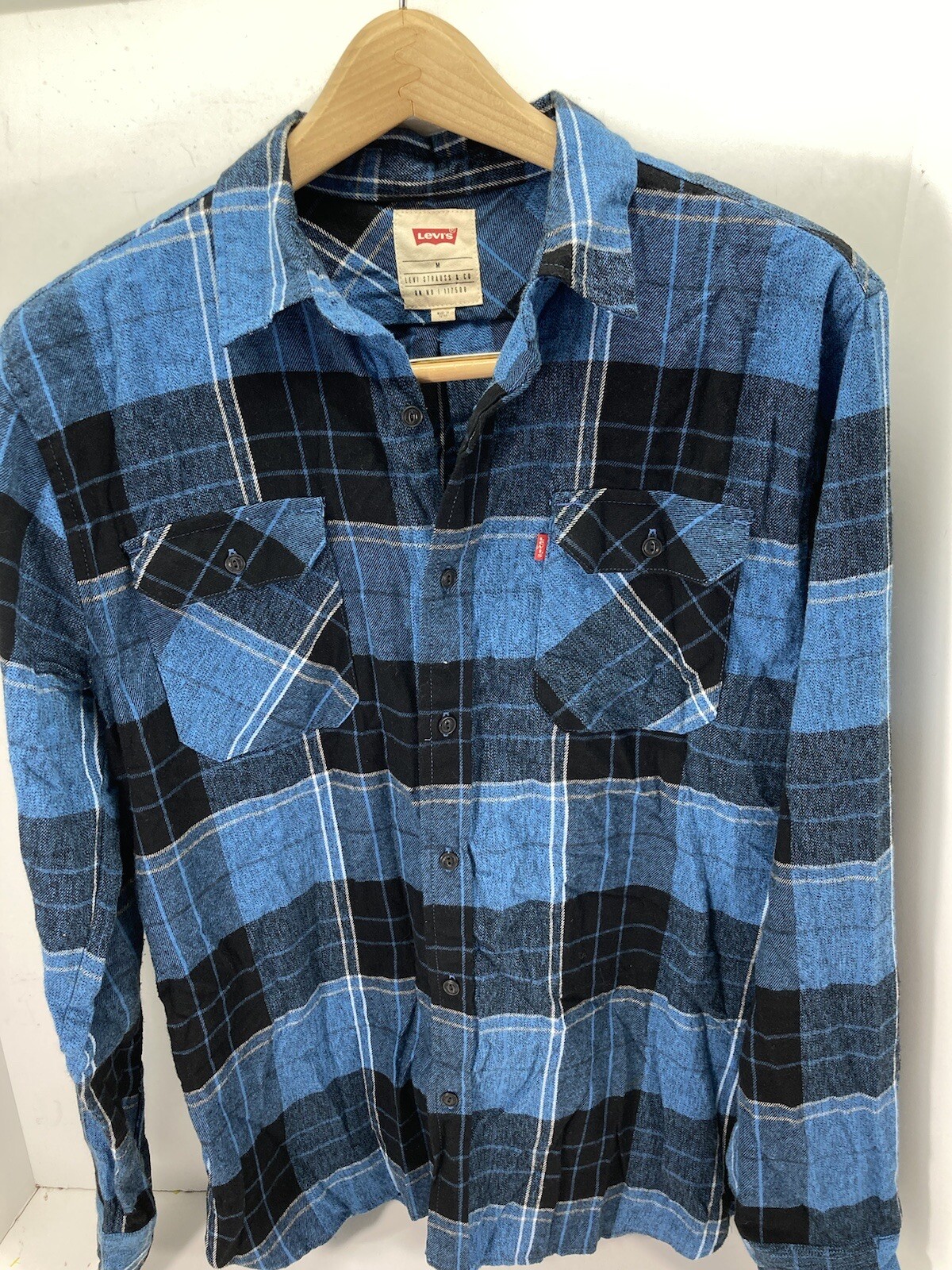 Levis Flannel Shirt Men Size Medium Blue Plaid Long Sleeve Button Casual Cotton-image