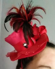 Fascinator Steam Punk Hat Hand Made, Feathers Rhinestone Skull, Red