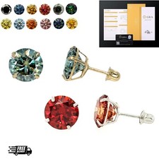 14K Gold GRA Certified D-VVS1 Round Colored Moissanite Screw Back Studs Earrings