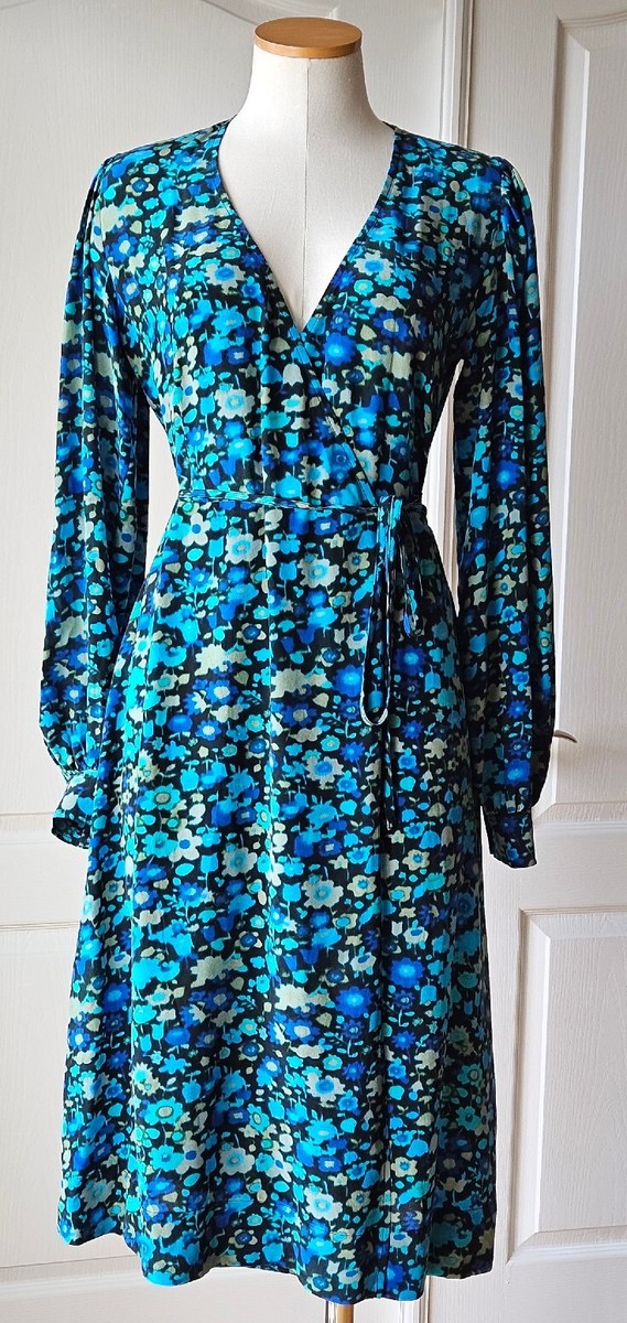 GANNI Size 38 / US 6 Azure Blue Floral Silk Blend Wrap Dress Long Sleeves