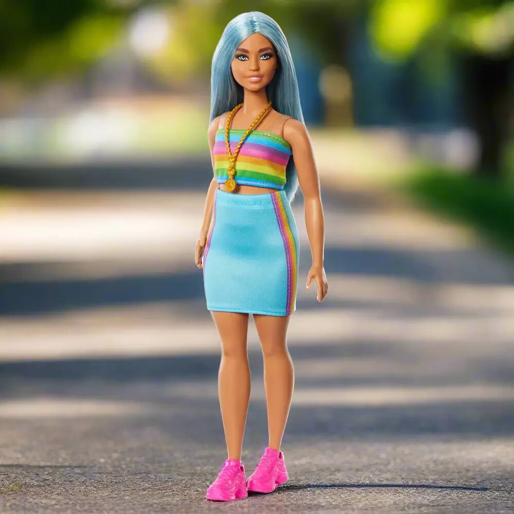 Barbie 65th Anniversary Blue Hair Rainbow Top Pink Sneakers