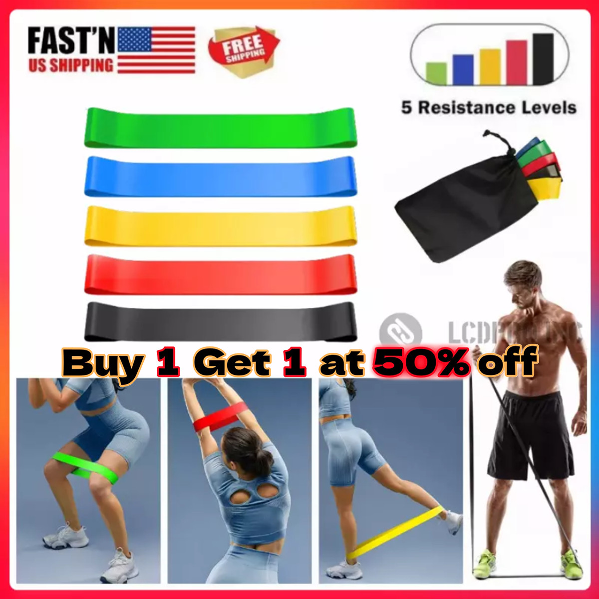 Set Loop Exercise Yoga 5pc Elastic Fitness Gym Workout Train