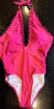 Women XXL/18 Lined Bright PINK deep V Halter OnePiece Swim Bathing Suit Tassel