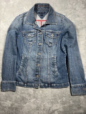 Tommy Hilfiger Womens Size Medium Denim Jean Truckers Jacket Distressed  Pattern