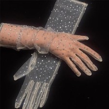 Women Bride Wedding Gloves Glitter Rhinestone Mid-Length Mesh Net Sheer Evening