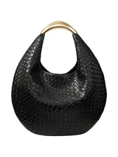 Women's Woven Handbag Elegant Clutch Purse Metal Top Handle Cresent Evening B...