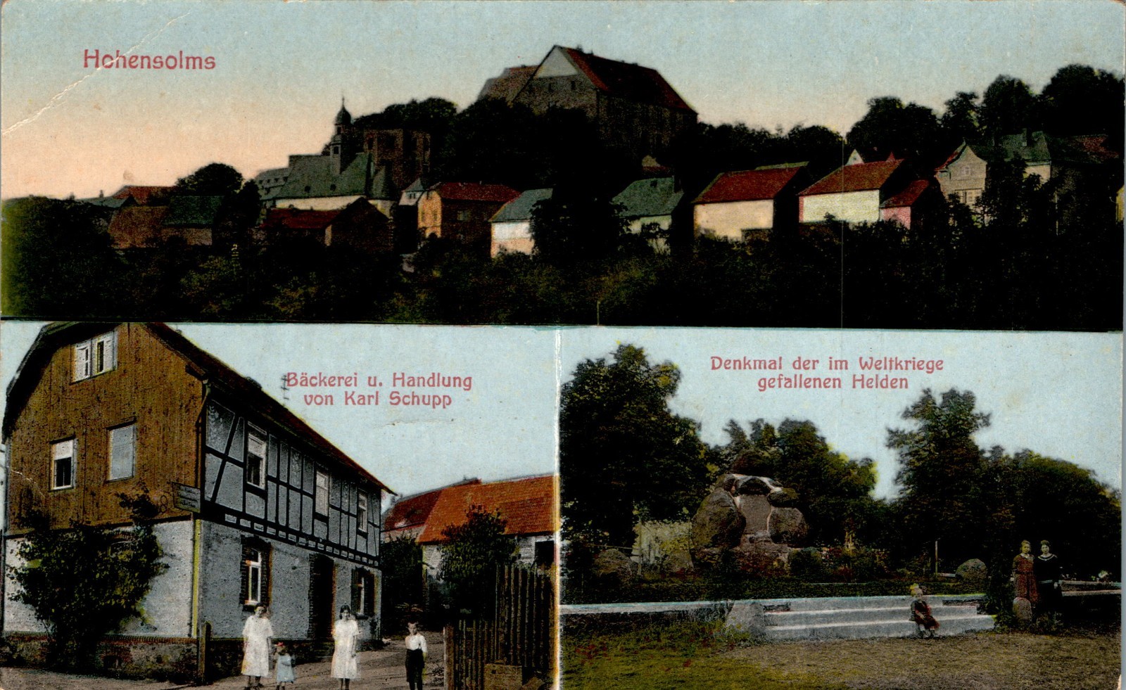 AK GRUSS AUS HOHENSOLMS HOHENAHR LAHN DILL KREIS BÄCKEREI SCHUPP 3 BILD UM 1920