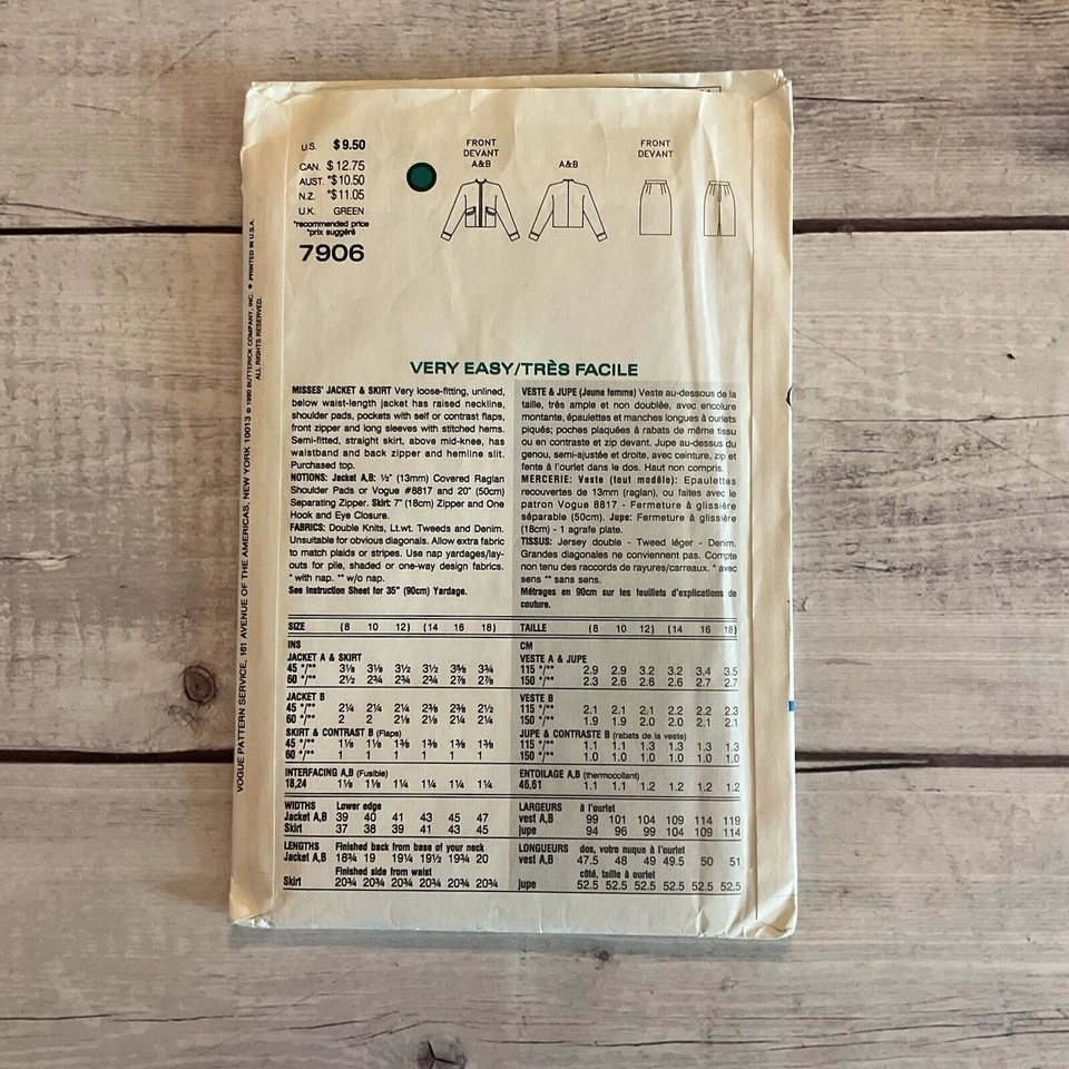 Vogue 7906 Sewing Pattern Jacket Zip Front Pencil Skirt Miss Sz 8-12 UNCUT - Image 2 of 3