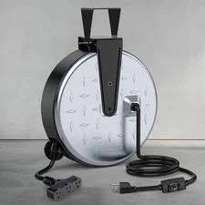 DEWENWILS Heavy Duty Metal Cord Reel 30FT Retractable 16AWG 3 Outlets