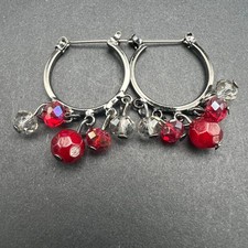 Boho Silver Tone Pierced Hoop Earrings Red Clear Dangle Drop Accents