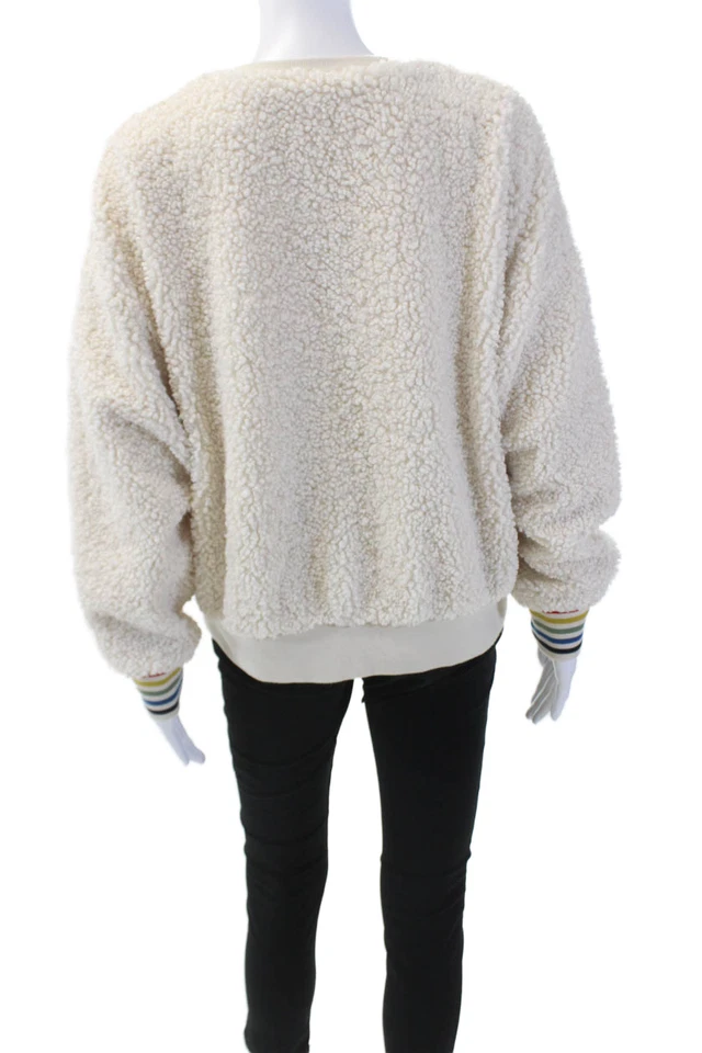 Sudadera de peluche Sundry para mujer manga larga ribete a rayas cuello redondo blanca talla 1 Foto 3 de 4