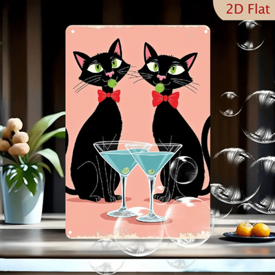 Vintage Atomic Black Cats Holding Red Tin Metal Signs Home Décor 8x12