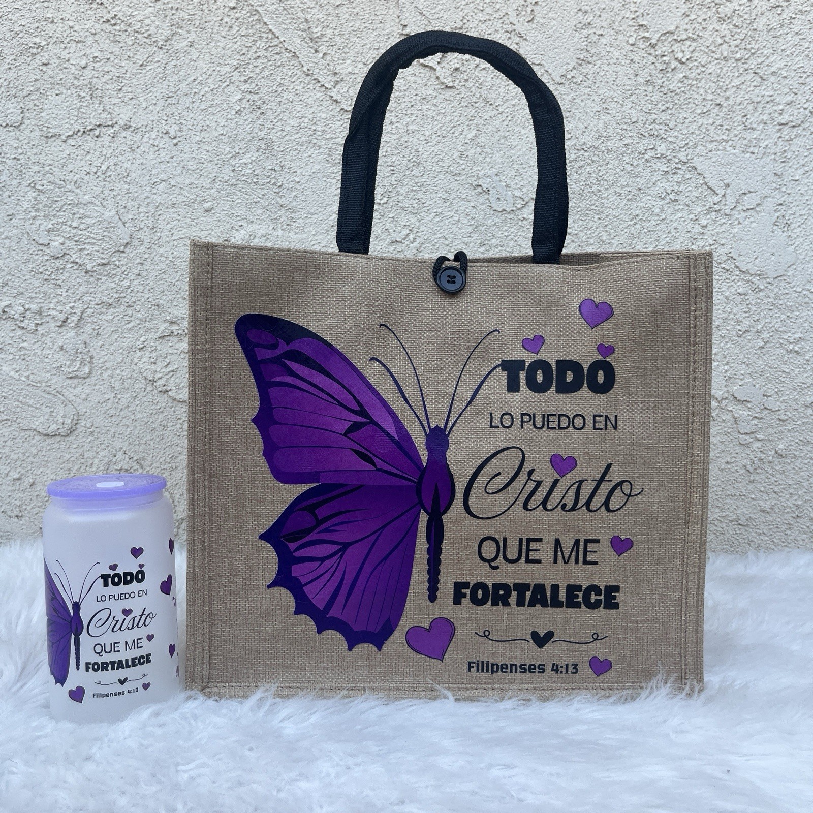 Butterfly Purple Tote Bag for Women with 16oz Glass Can-image