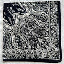 Mens Handkerchief Vintage Beige Cotton Black Paisley Damask Pocket Square 18"
