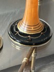 Amber glass and brass candlestick holders with wooden bases — photo 3
