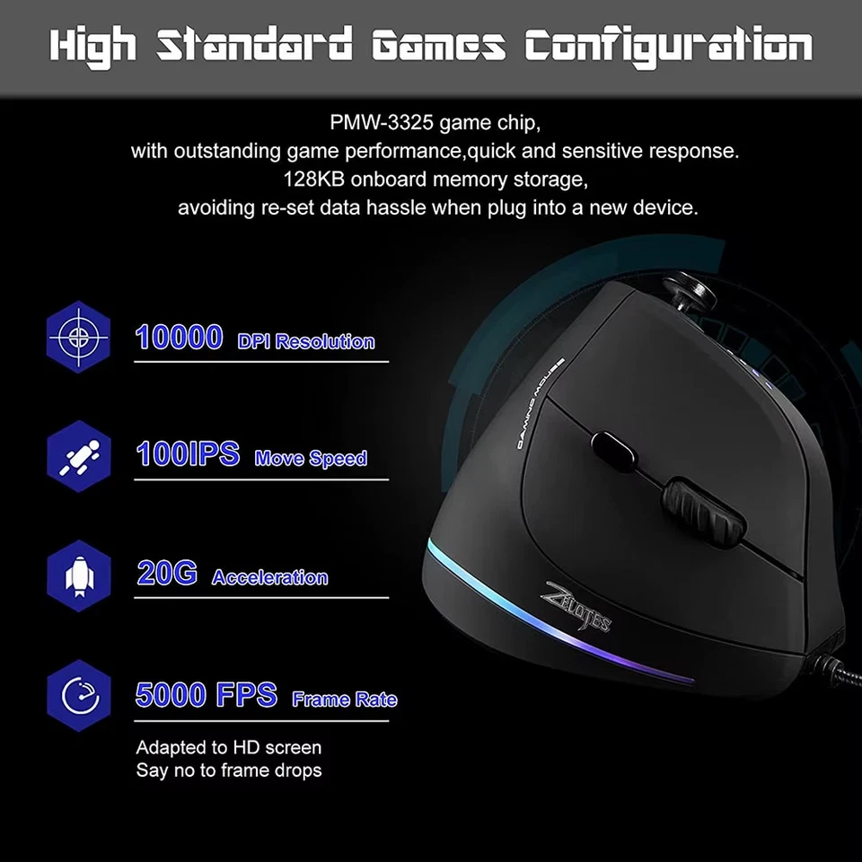 Jomaa Vertical Gaming Mouse RGB Wired 11 Button Programmable 5-Way Joystick - Image 2 of 4