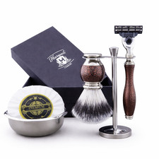 5PCS Maroon Antique Shaving Kit Synthetic Silvertip Shaving Brush 3 Edge Razor