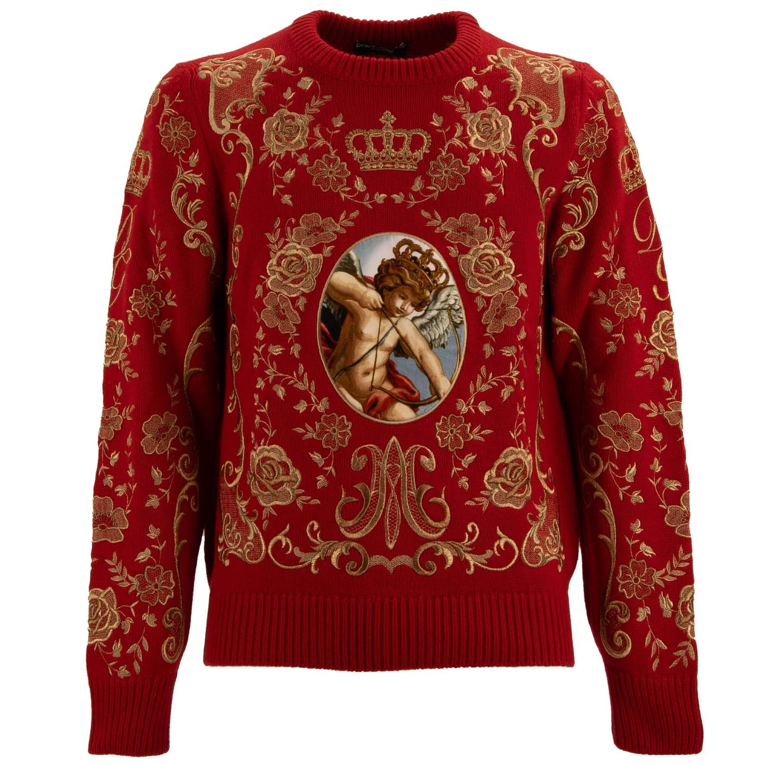 Dolce & Gabbana Barocco Corona Angelo Cashmere Pullover Sweater Rosso Oro 46 S
