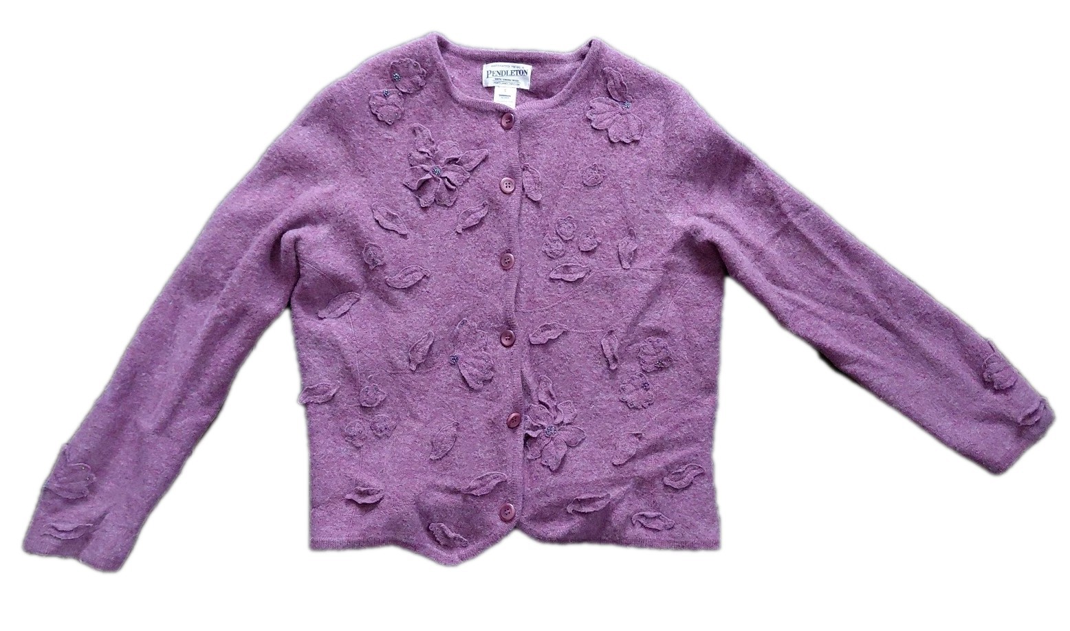 Pendleton Merino Wool Cardigan Purple Beaded Detail Flower Womens Size Small