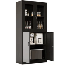 Metal Storage Cabinet with Glass Door Lockable Kitchen Storage Cabinet 71 inch