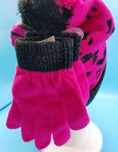 Mütze Handschuh Set rosa schwarz Miau Kätzchen Bündchen Beanie Winter Kind Kleinkind NEU - Bild 5 von 6