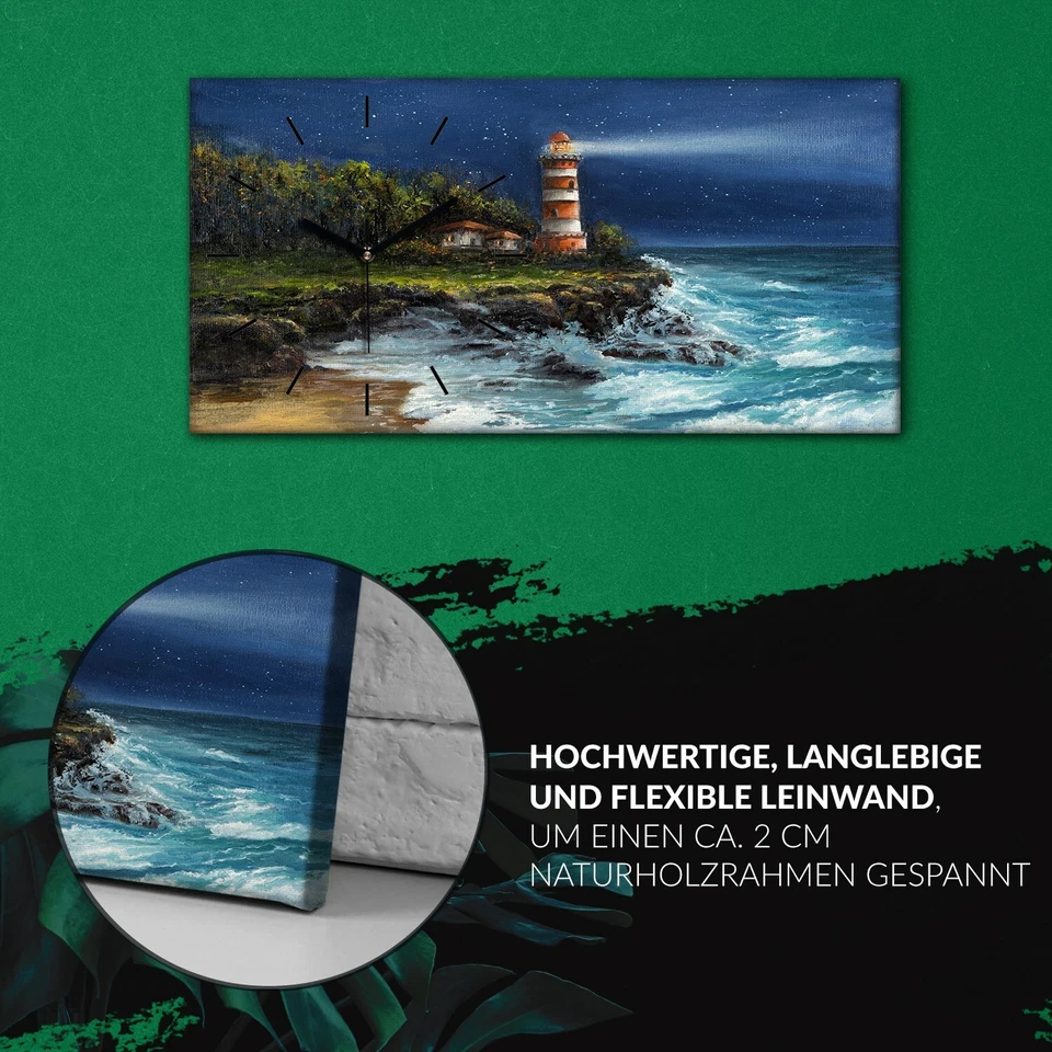 Dekor Leinwand Uhr Wandbilder 60x30 Gemälde Küste Ozean Wellen Leuchtturm - Bild 2 von 4