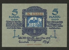 GERMANY BANKNOTE 5 MARK GROSS-SALZE 1918 UNC