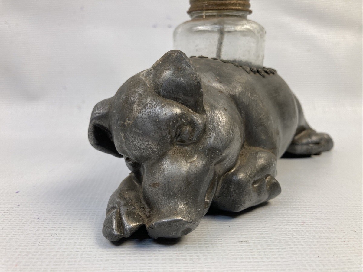 Vintage Morton's Steakhouse Pewter Sleeping Pig Oil Lamp