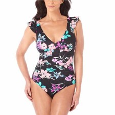 Swim Solutions Garden Lily Printed Ruffled Tummy-Control One-Piece Swimsuit 16