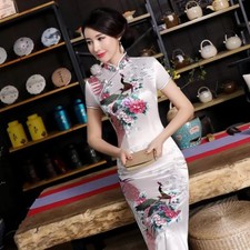 Womens Luxurious White Satin Phoenix Chinese Long Dress Cheongsam Qipao Dress B