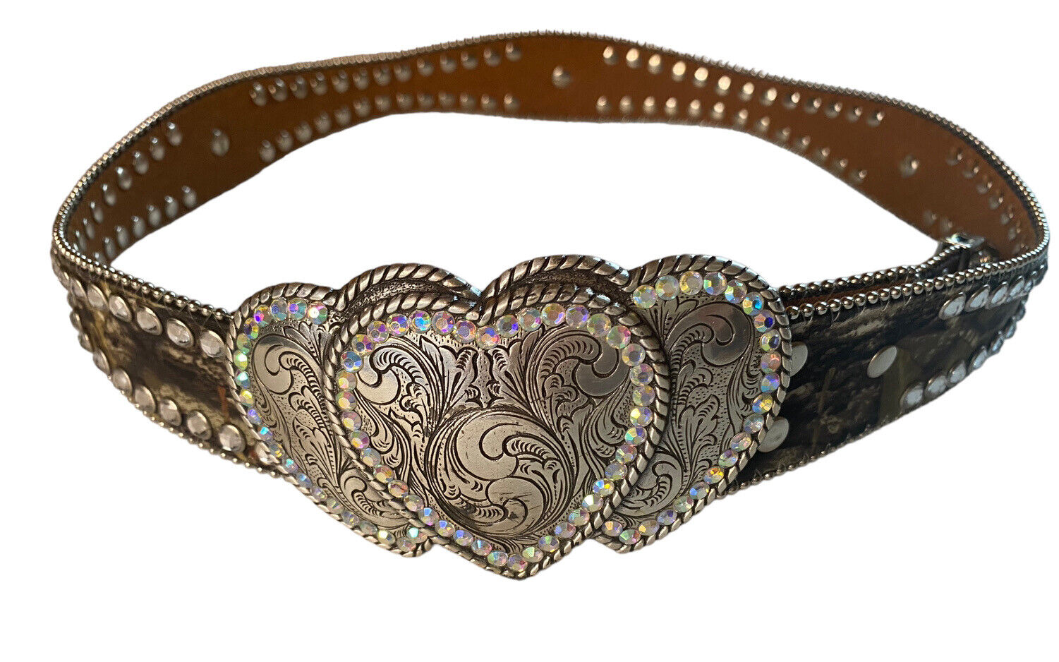 Women's Nocona Small Western Genuine Leather Brown Camo Belt Triple Heart Buckle