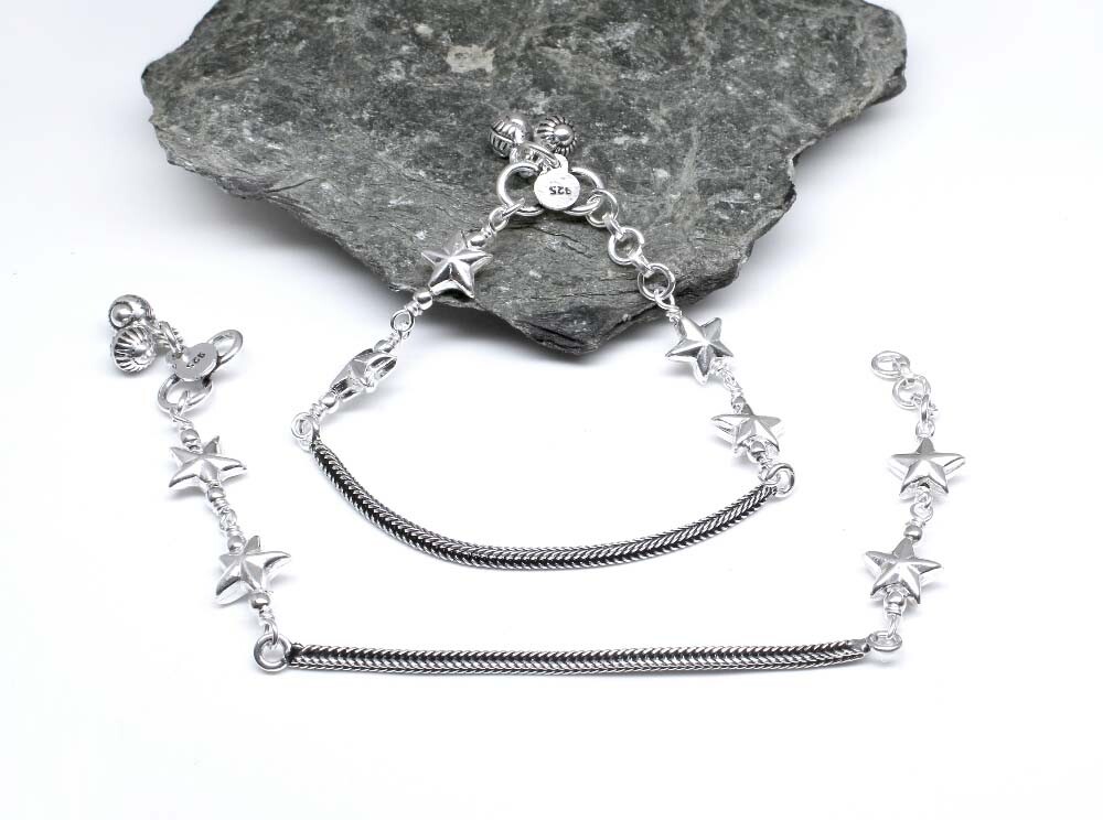 Cheville Femme Argent Double Chaîne Avec étoiles Et Perles CZ