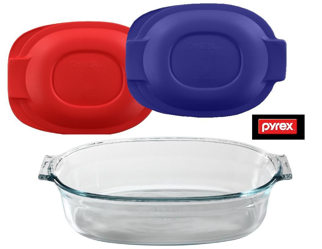 Pyrex OVAL Glass Bakeware ROASTER DISH Roasting PAN *w/Cover BLUE or  RED