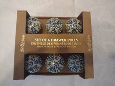 Set of 6 Porcelain Handmade Drawer Pulls Silver Hardware Made In India NIB