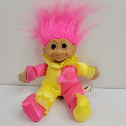 Russ Berrie Pink Yellow Clown Jester Plush Troll Doll 6" Brown Eyes Vintage