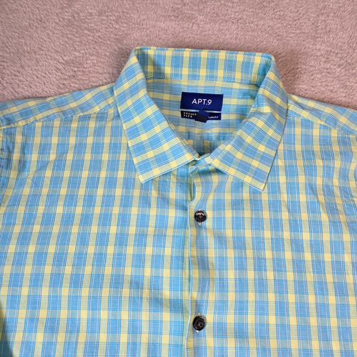 Mens APT 9 Dress Shirt Slim Fit Extra Large Blue Yellow Plaid Premiere Flex Prep - Picture 5 of 16